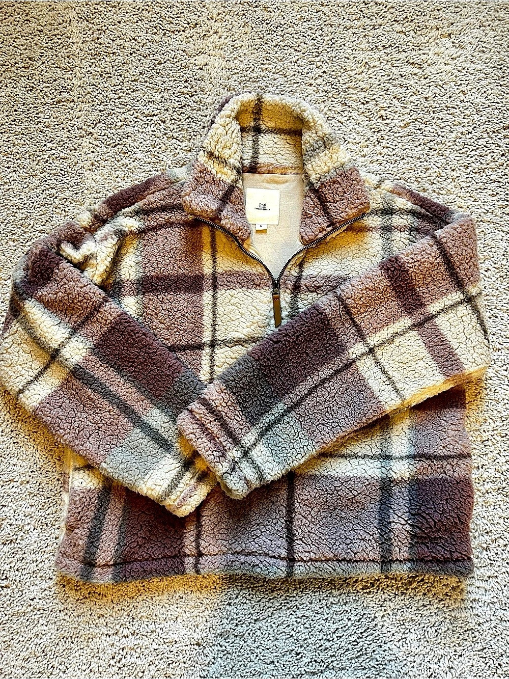 Thread & Supply Plaid Teddy Jacket Brown & Cream Small Like New